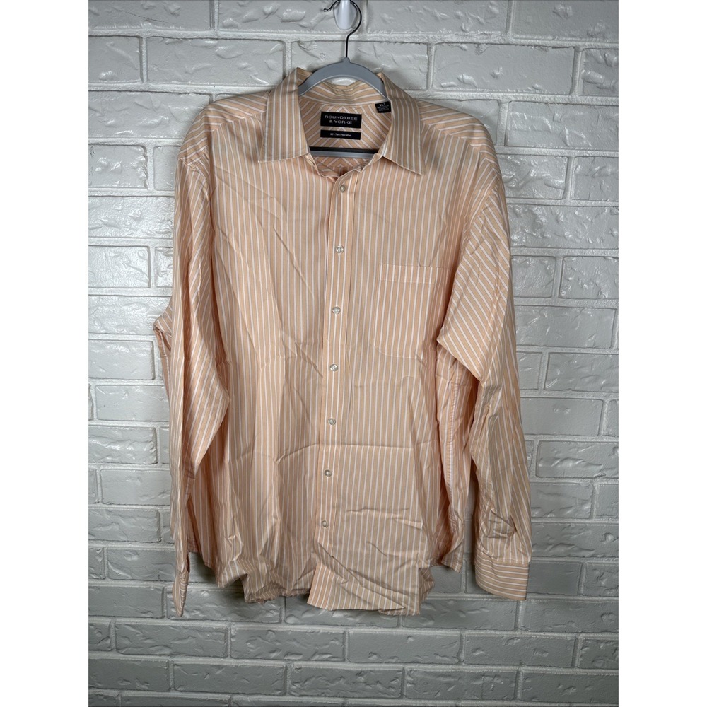 Roundtree & Yorke Peach Stripe Button Down Shirt XL Tall 80's Two-Ply Cotton